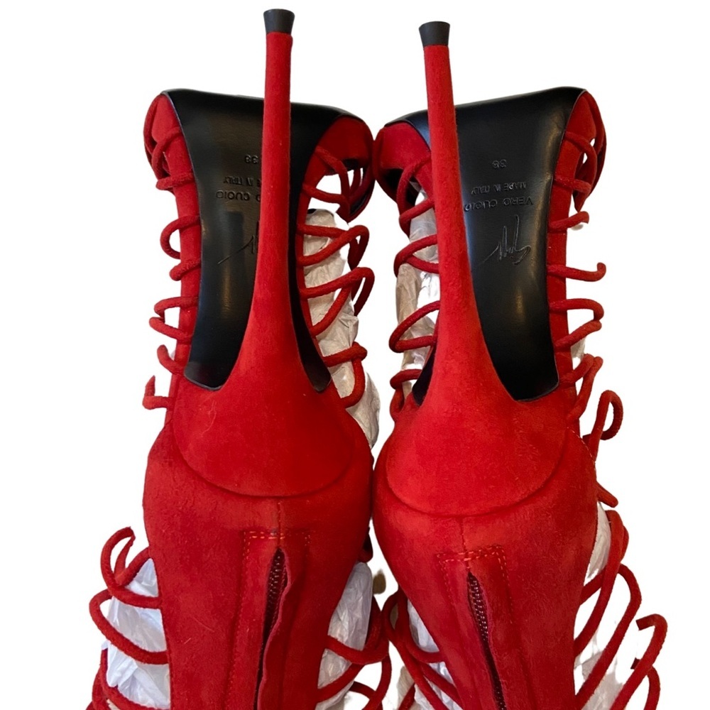 NWOB Giuseppe Zanotti Red Suede Zoey Cage Sandal Stiletto Heels Size 8 - Picture 8 of 11